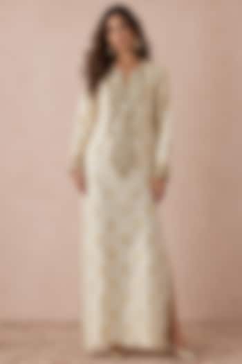 Off-White Brocade Silk Zardosi Embroidered Kaftan by Payal Singhal at Pernia's Pop Up Shop