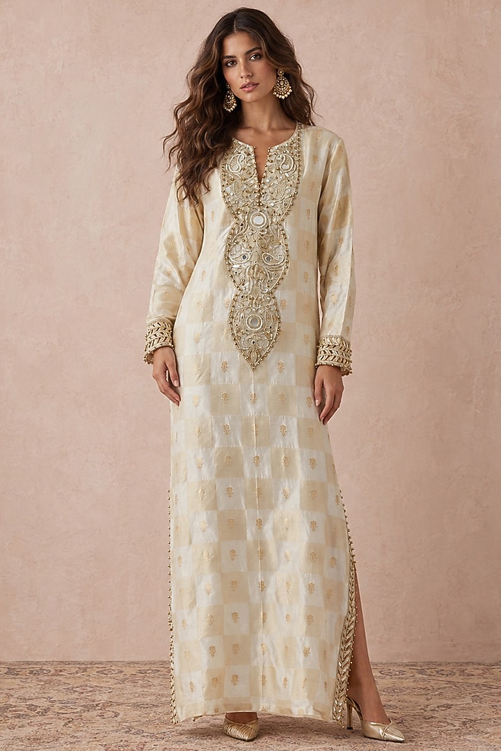 Off-White Brocade Silk Zardosi Embroidered Kaftan by Payal Singhal at Pernia's Pop Up Shop