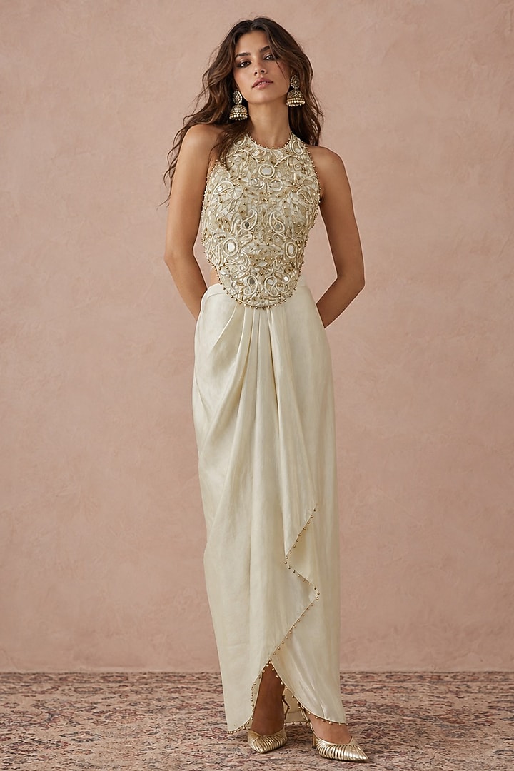 Stone-Colored Tissue Draped Lungi Skirt Set by Payal Singhal at Pernia's Pop Up Shop