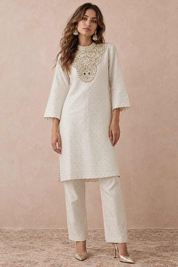 Off-White Brocade Banarasi Kurta Set by Payal Singhal at Pernia's Pop Up Shop