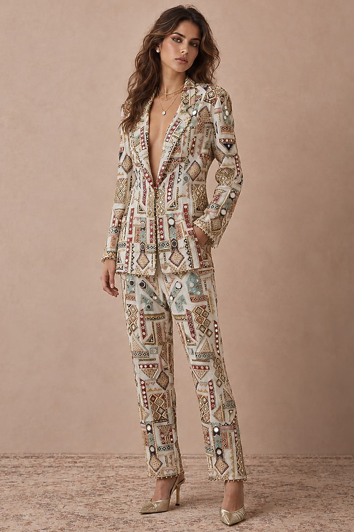 Off-White Georgette Zardosi Hand Embroidered Jacket Set by Payal Singhal at Pernia's Pop Up Shop