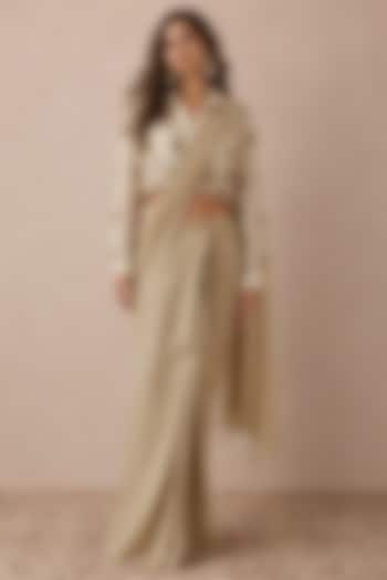 Stone-Colored Tissue Knotted Wedding Saree Set by Payal Singhal at Pernia's Pop Up Shop