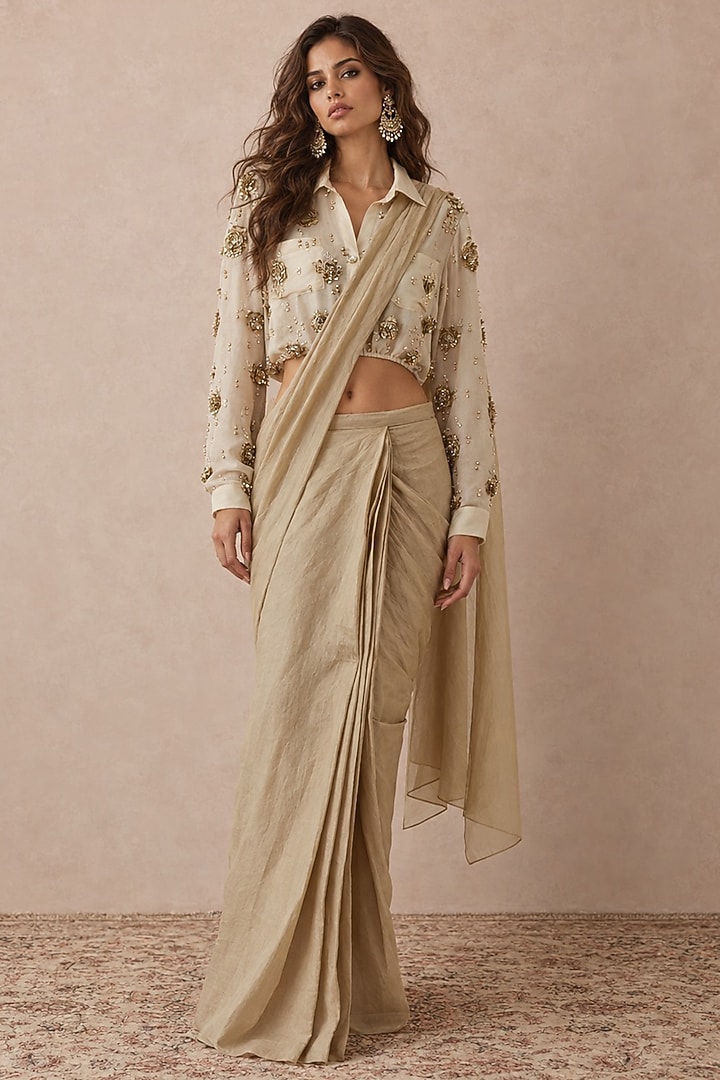 Stone-Colored Tissue Knotted Wedding Saree Set by Payal Singhal at Pernia's Pop Up Shop