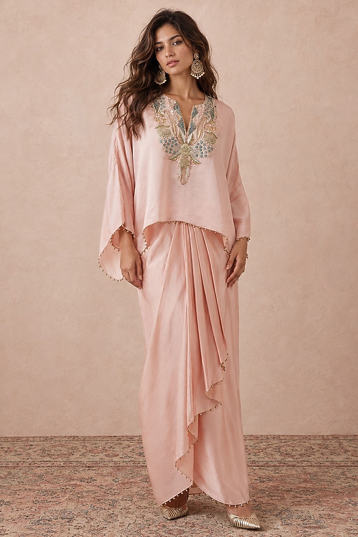 Blush Pink Satin Draped Lungi Skirt Set by Payal Singhal at Pernia's Pop Up Shop