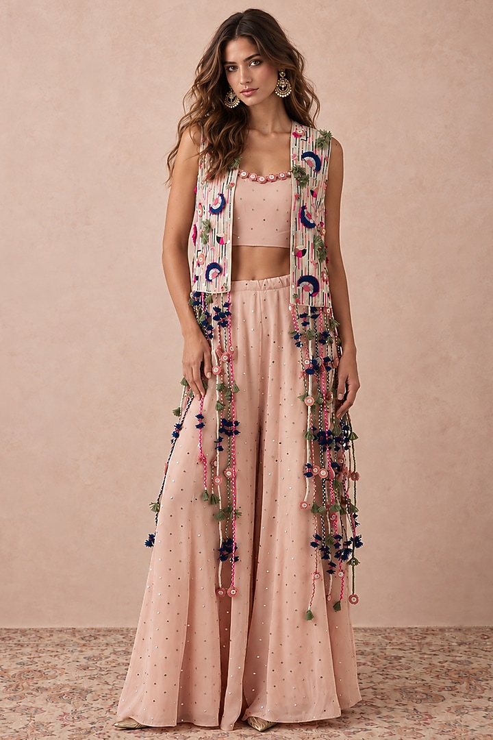 Stone-Colored Georgette Mirror Hand Embroidered Sleeveless Jacket Set by Payal Singhal at Pernia's Pop Up Shop