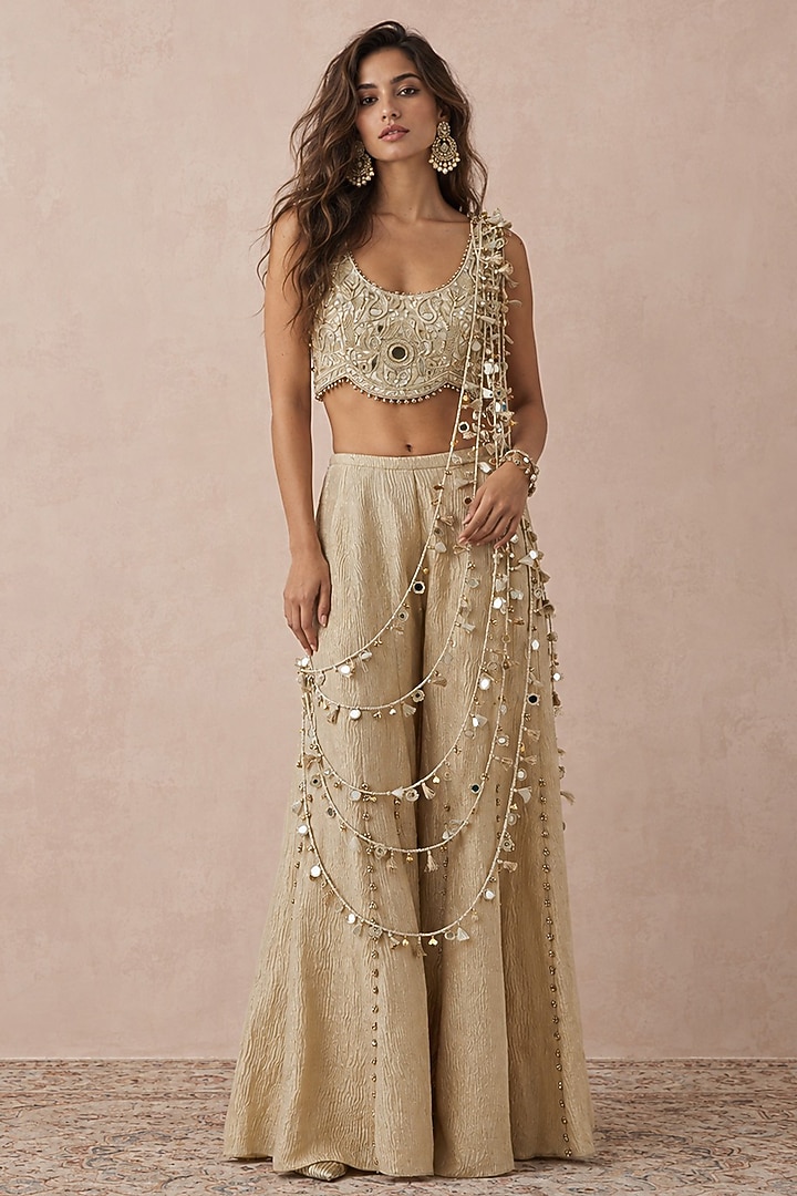 Off-White Crushed Tissue Bridal Sharara Set by Payal Singhal at Pernia's Pop Up Shop