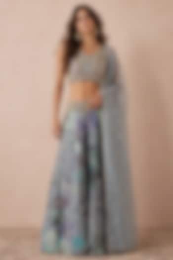 Grey Georgette Printed & Mirror Embroidered Bridal Lehenga Set by Payal Singhal at Pernia's Pop Up Shop