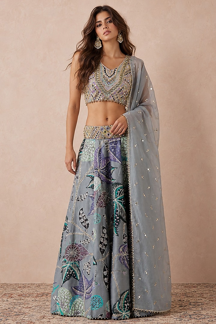 Grey Georgette Printed & Mirror Embroidered Bridal Lehenga Set by Payal Singhal at Pernia's Pop Up Shop