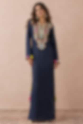 Dark Blue Denim Zardosi Embroidered Kaftan by Payal Singhal at Pernia's Pop Up Shop