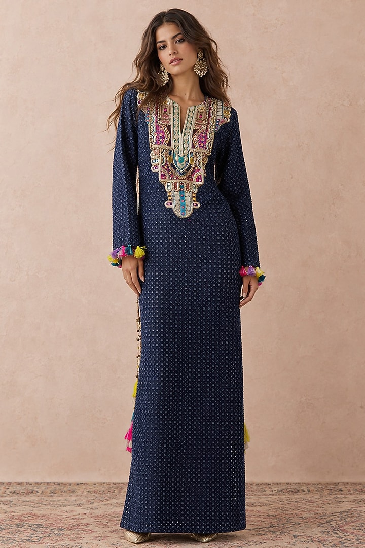 Dark Blue Denim Zardosi Embroidered Kaftan by Payal Singhal at Pernia's Pop Up Shop