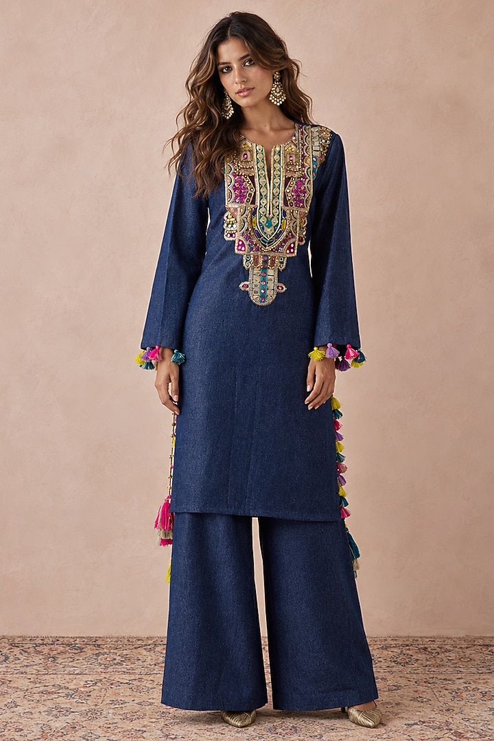 Dark Blue Denim Mirror Embroidered Kurta Set by Payal Singhal at Pernia's Pop Up Shop