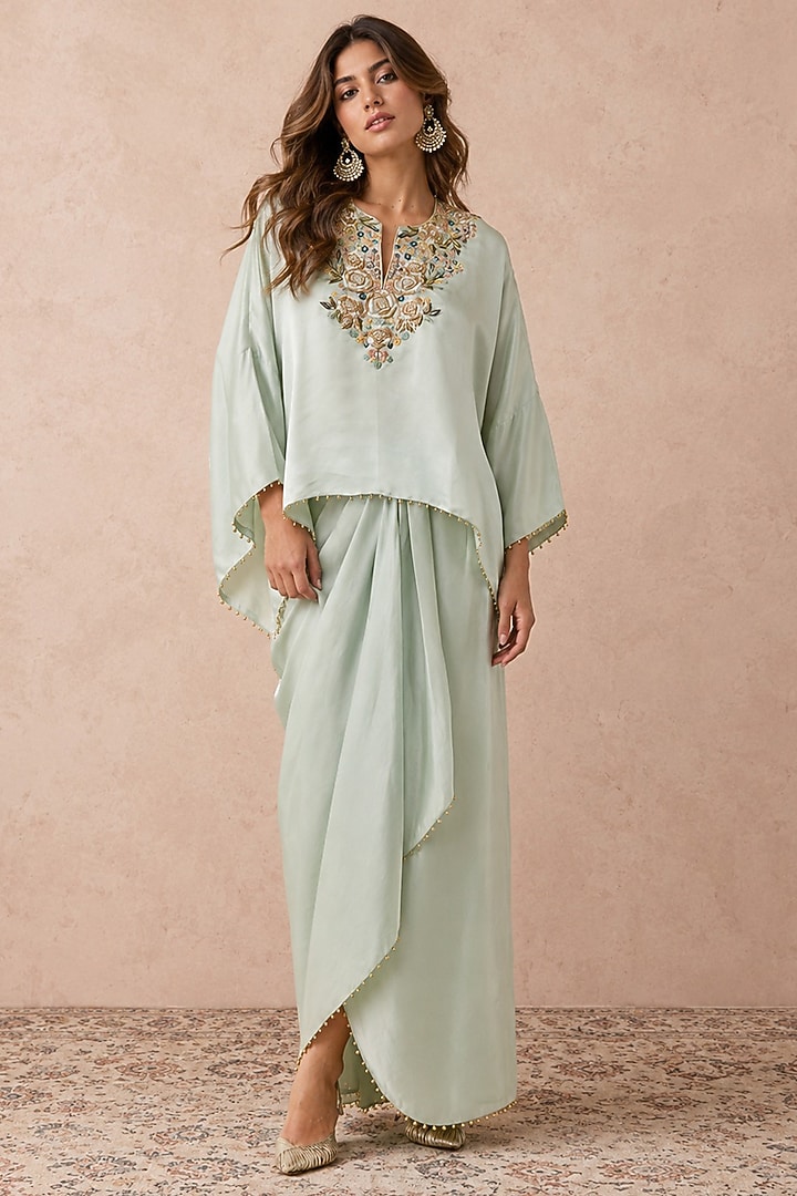 Powder Blue Satin Draped Lungi Skirt Set by Payal Singhal at Pernia's Pop Up Shop