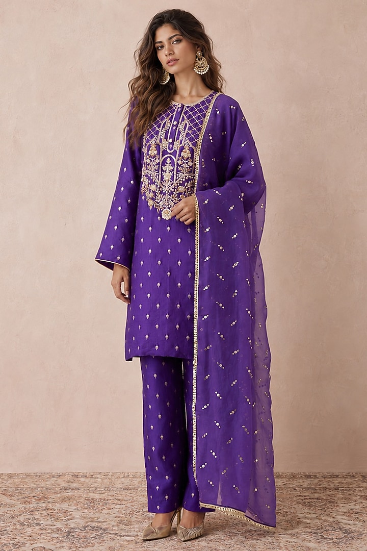 Purple Banarasi Silk Zardosi Embroidered Kurta Set by Payal Singhal at Pernia's Pop Up Shop