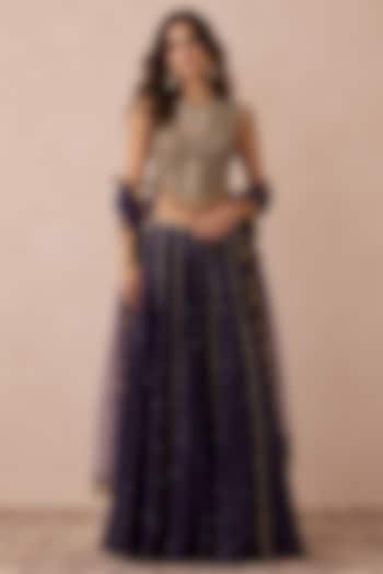 Purple Mukaish Silkmul Mirror Embroidered Wedding Lehenga Set by Payal Singhal at Pernia's Pop Up Shop