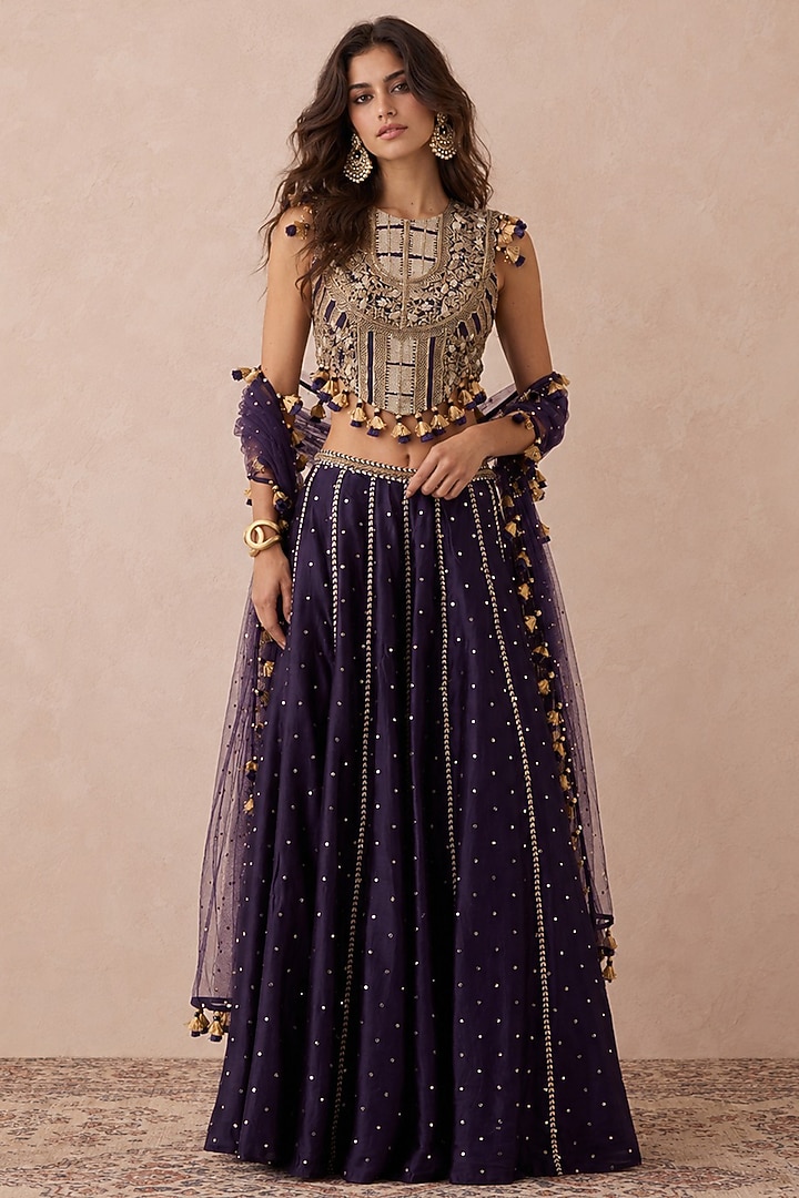 Purple Mukaish Silkmul Mirror Embroidered Wedding Lehenga Set by Payal Singhal at Pernia's Pop Up Shop