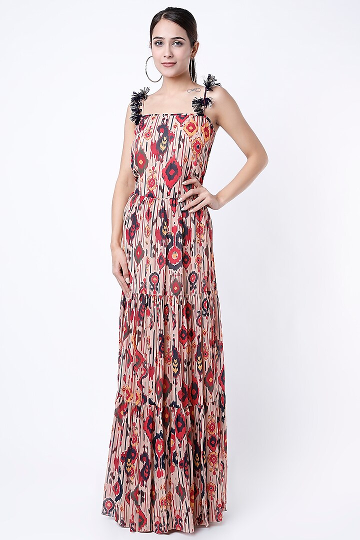 Red Printed Tiered Dress by PS Pret by Payal Singhal