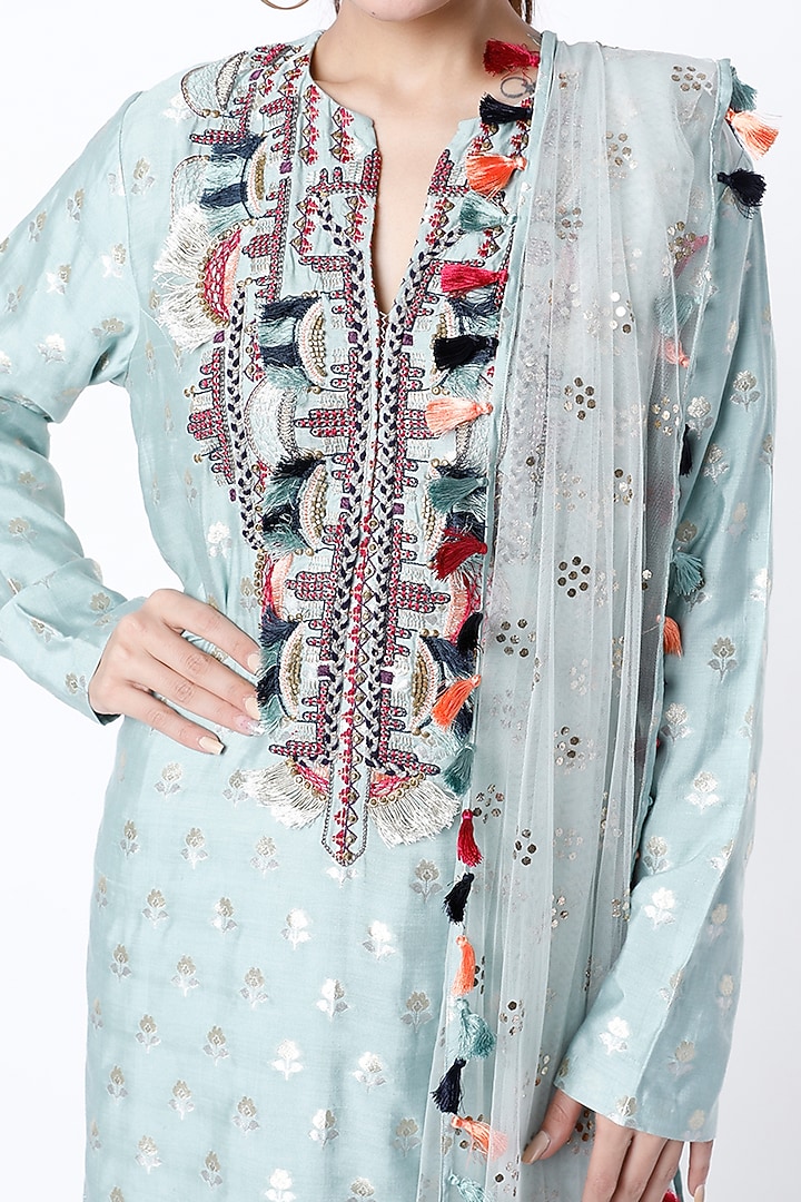 Pale Blue Embroidered Kurta Set by Payal Singhal at Pernia's Pop Up Shop