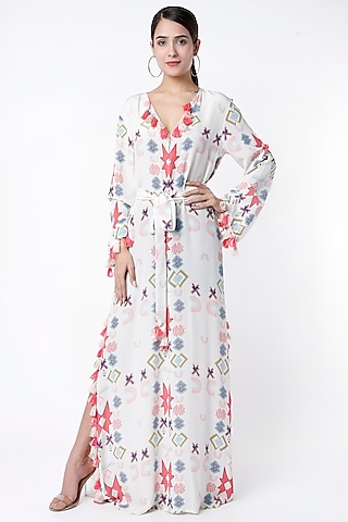 White Printed Kaftan With Belt by PS Pret by Payal Singhal