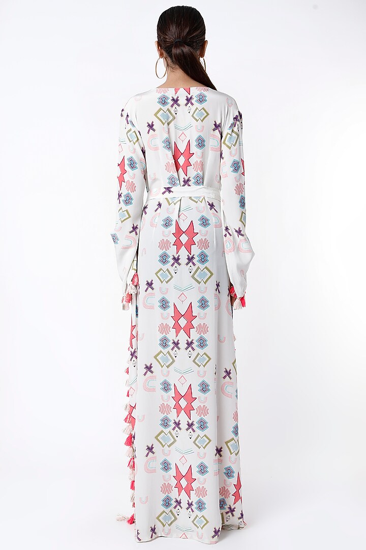 White Printed Kaftan With Belt by PS Pret by Payal Singhal at Pernia's Pop Up Shop