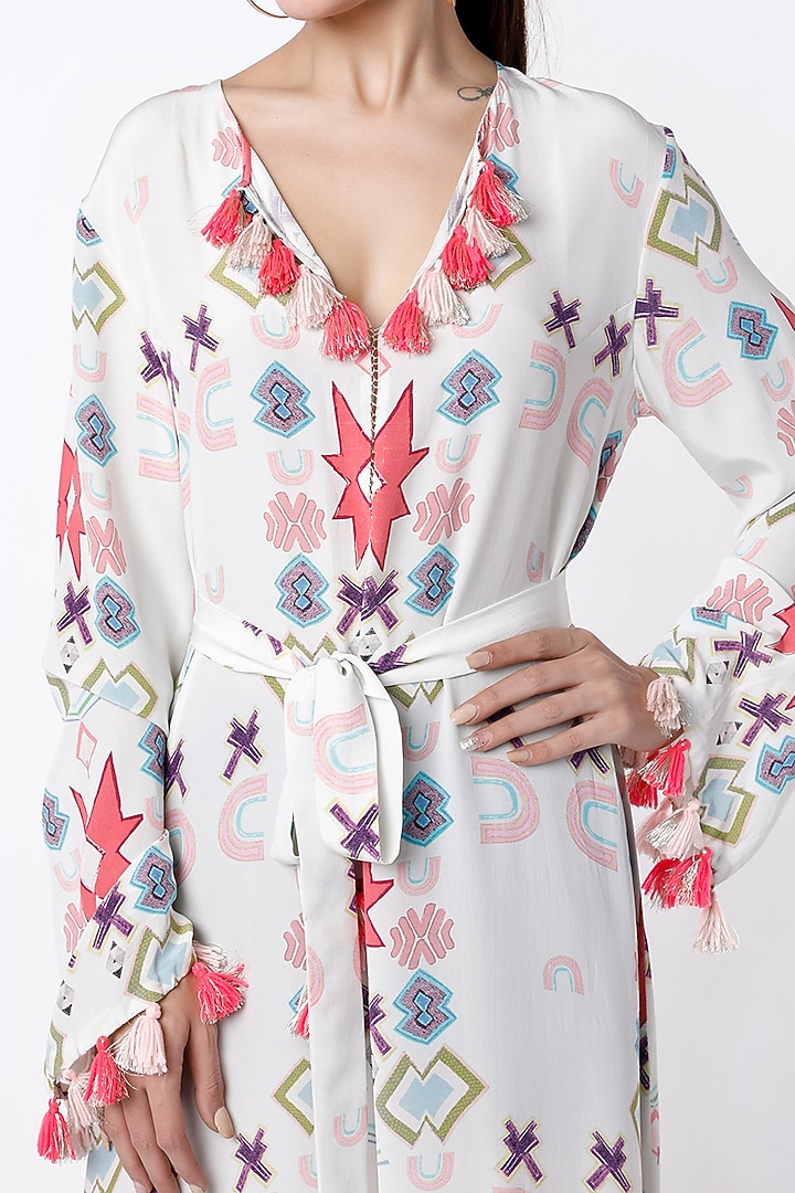 White Printed Kaftan With Belt by PS Pret by Payal Singhal at Pernia's Pop Up Shop