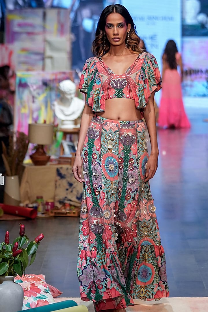 Multi-Coloured Printed Frilled Skirt Set by Payal Singhal