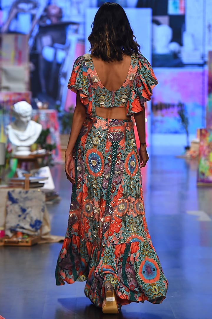Multi-Coloured Printed Frilled Skirt Set by Payal Singhal at Pernia's Pop Up Shop