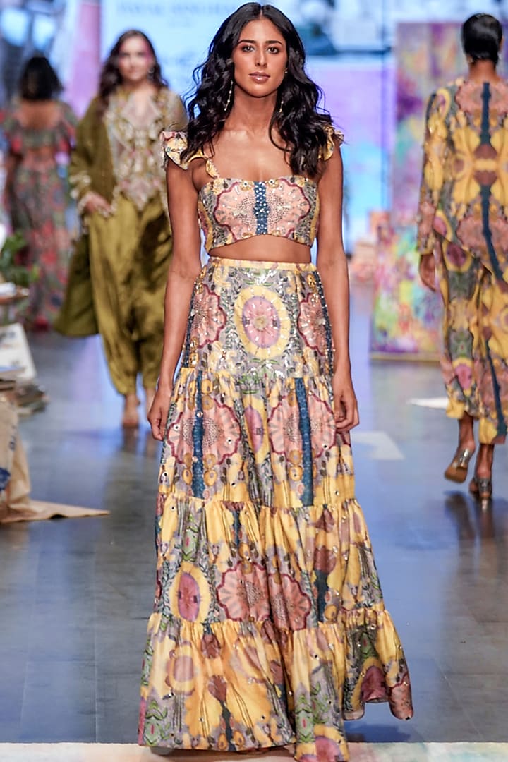 Yellow Printed Skirt Set by Payal Singhal