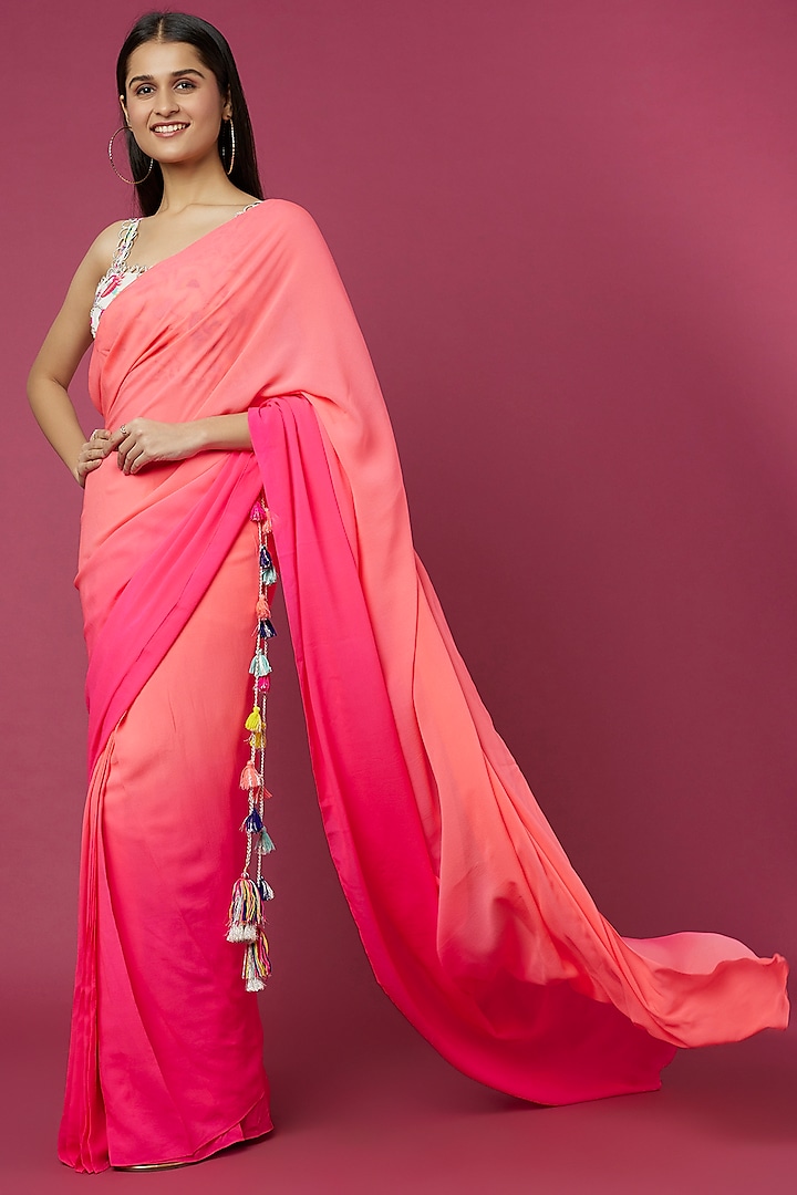 Peach & Pink Ombre Pre-Stitched Saree Set by Payal Singhal