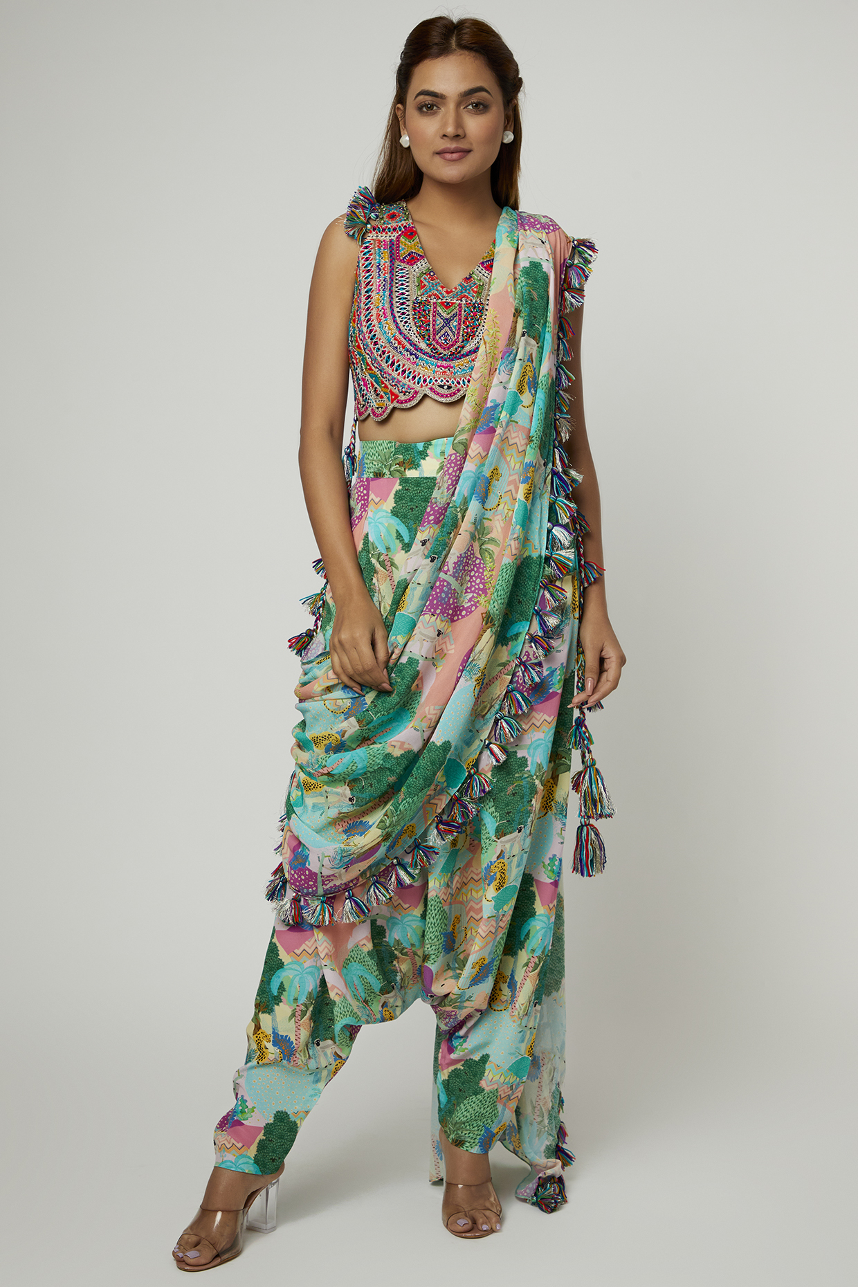 Buy Green Crepe Embroidery And Print Pre-draped Dhoti Saree With Blouse For  Women by Nupur Kanoi Online at Aza Fashions.