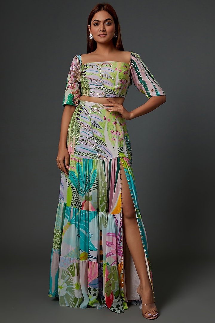 Multi-Colored Georgette Tiered Skirt Set by Payal Singhal