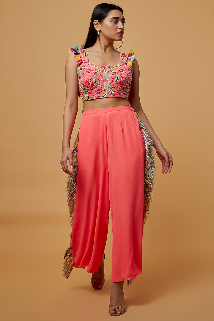 Coral Pink Georgette Pant Set by Payal Singhal at Pernia's Pop Up Shop