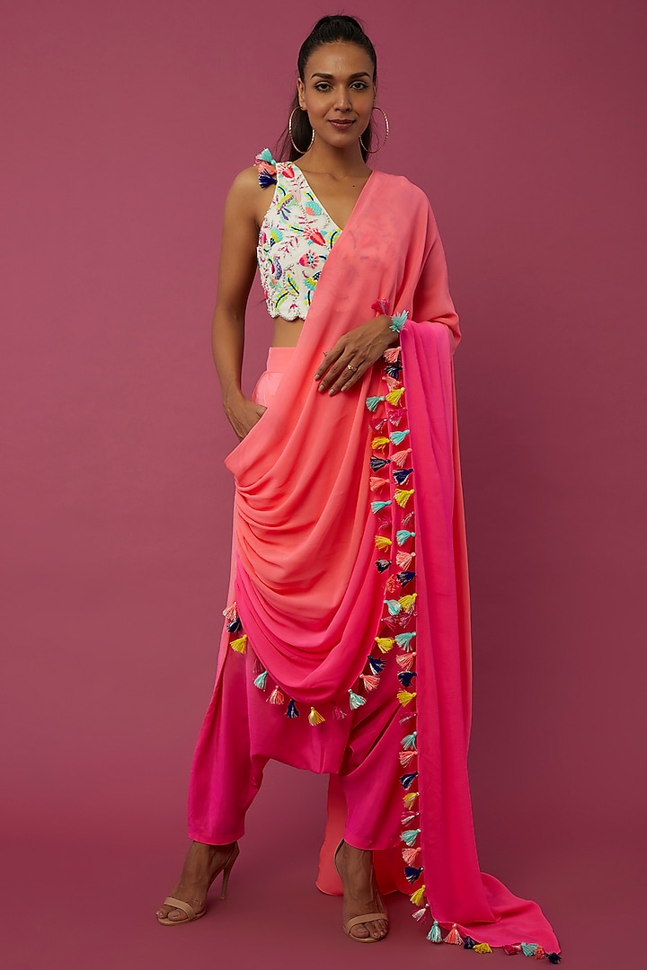 Hot Pink Crepe Dhoti Pant Saree Set by Payal Singhal