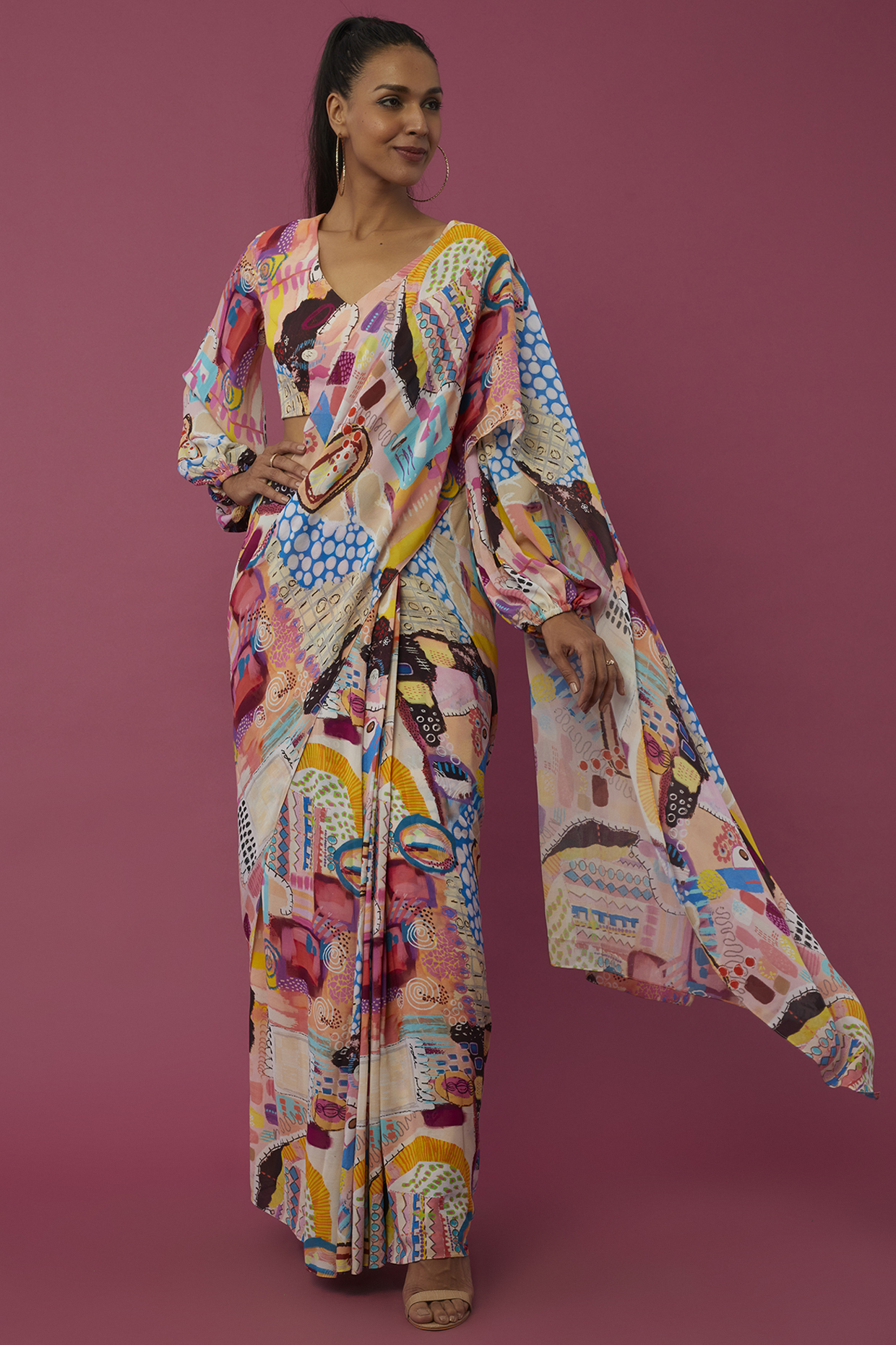 Multi-Colored Georgette Printed Pre-Stitched Wedding Saree Set by Payal Singhal at Pernia's Pop Up Shop