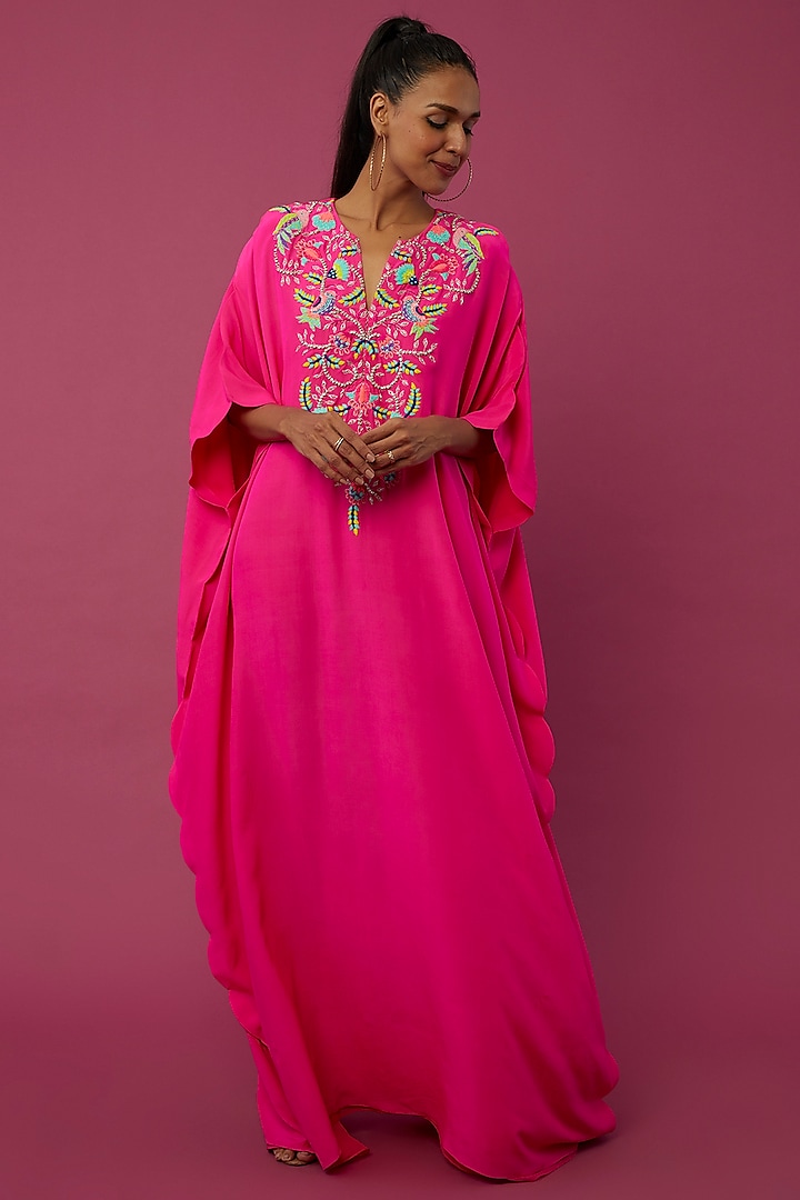 Hot Pink Embroidered Kaftan by Payal Singhal at Pernia's Pop Up Shop