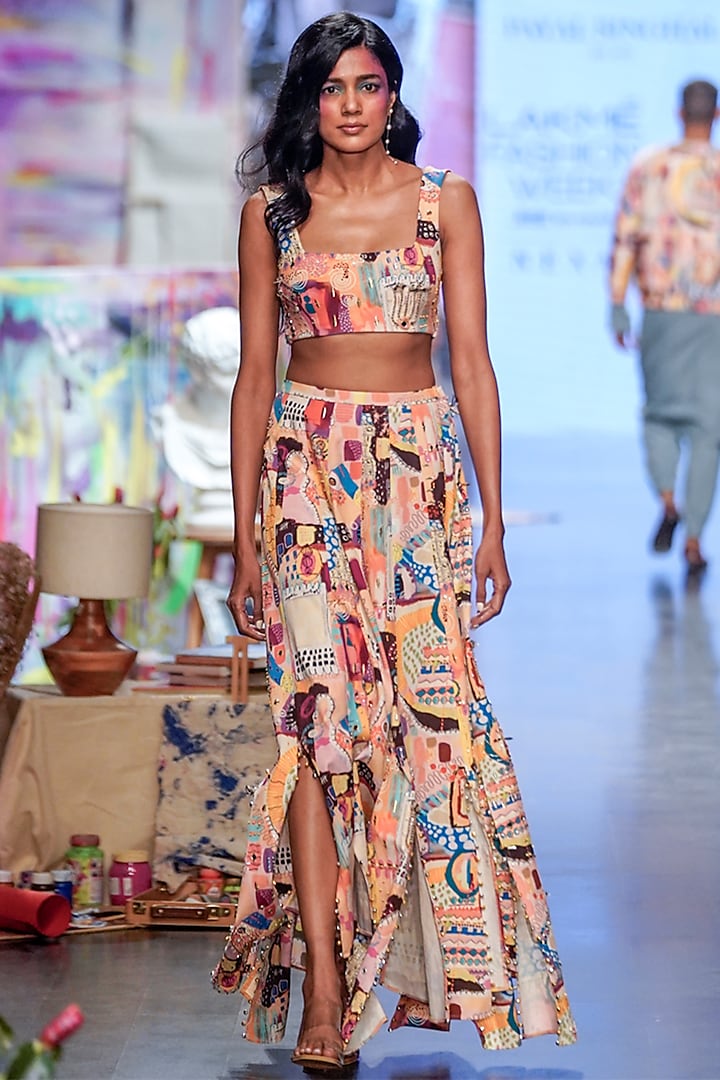 Multi-Coloured Denim Printed Skirt Set by Payal Singhal