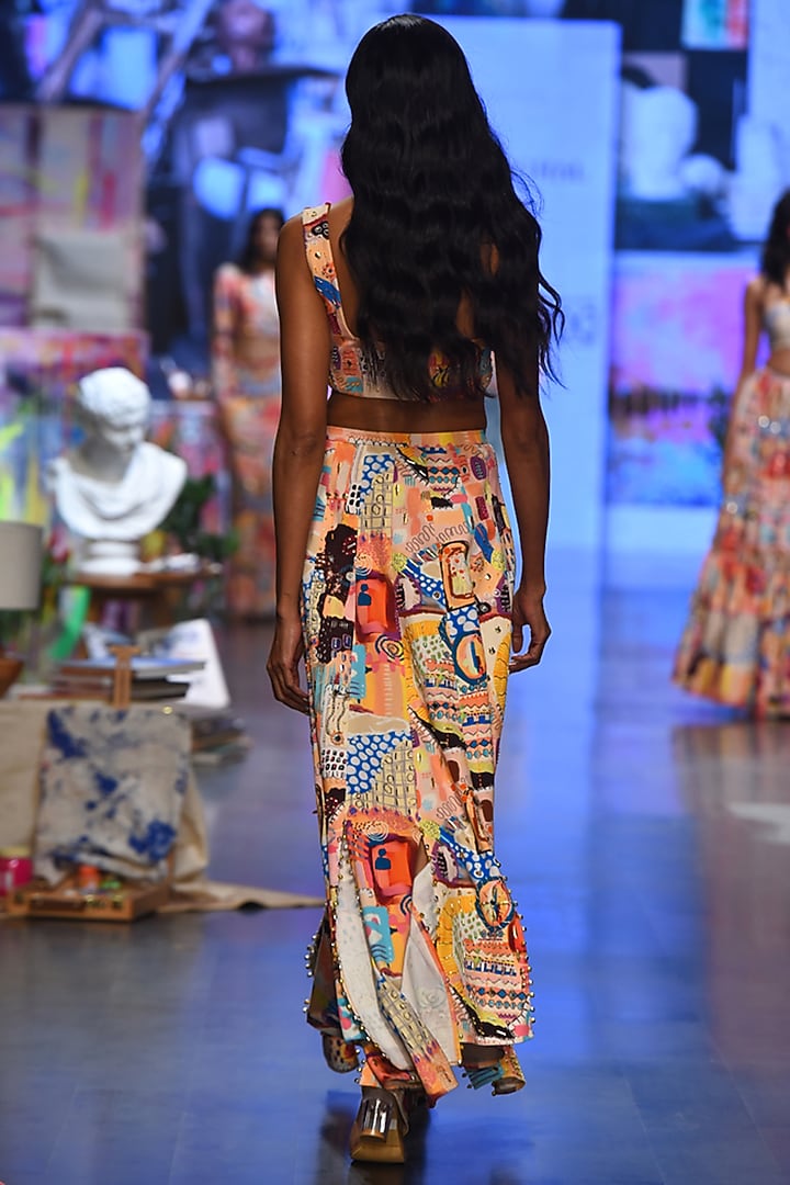 Multi-Coloured Denim Printed Skirt Set by Payal Singhal at Pernia's Pop Up Shop