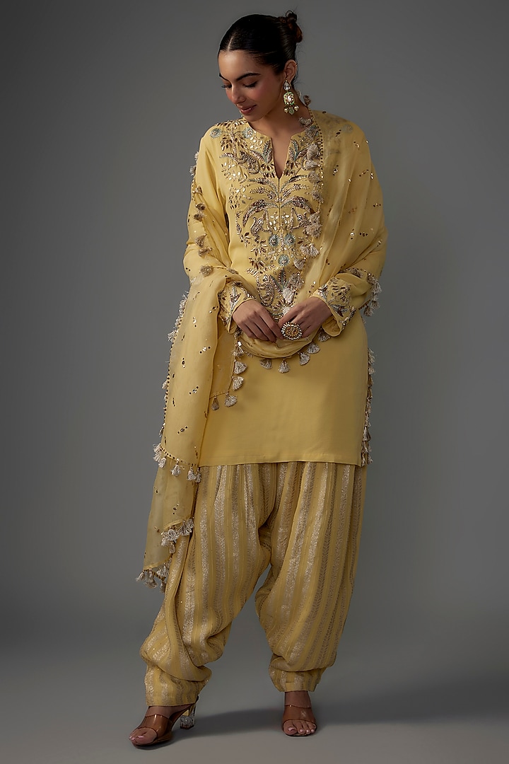 Pale Yellow Georgette Embroidered Kurta Set by Payal Singhal at Pernia's Pop Up Shop