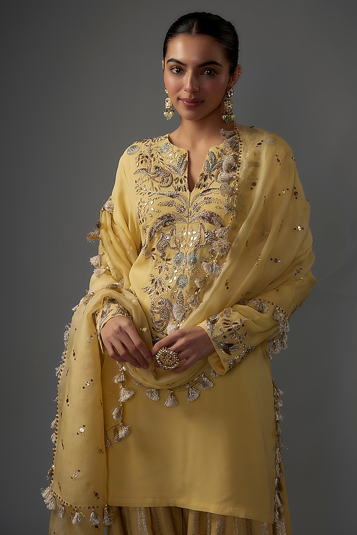 Pale Yellow Georgette Embroidered Kurta Set by Payal Singhal at Pernia's Pop Up Shop