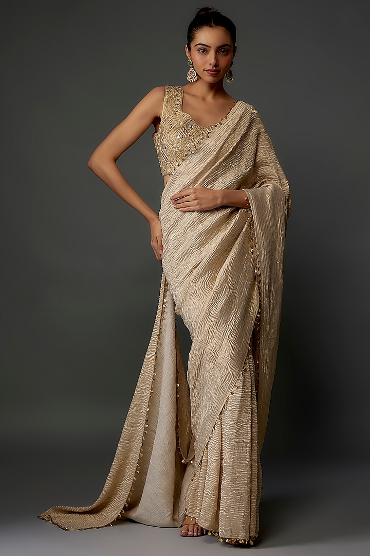 Gold Tissue Pre-Stitched Saree Set by Payal Singhal