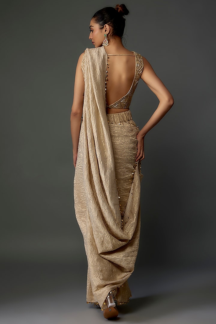 Gold Tissue Pre-Stitched Reception Saree Set by Payal Singhal at Pernia's Pop Up Shop