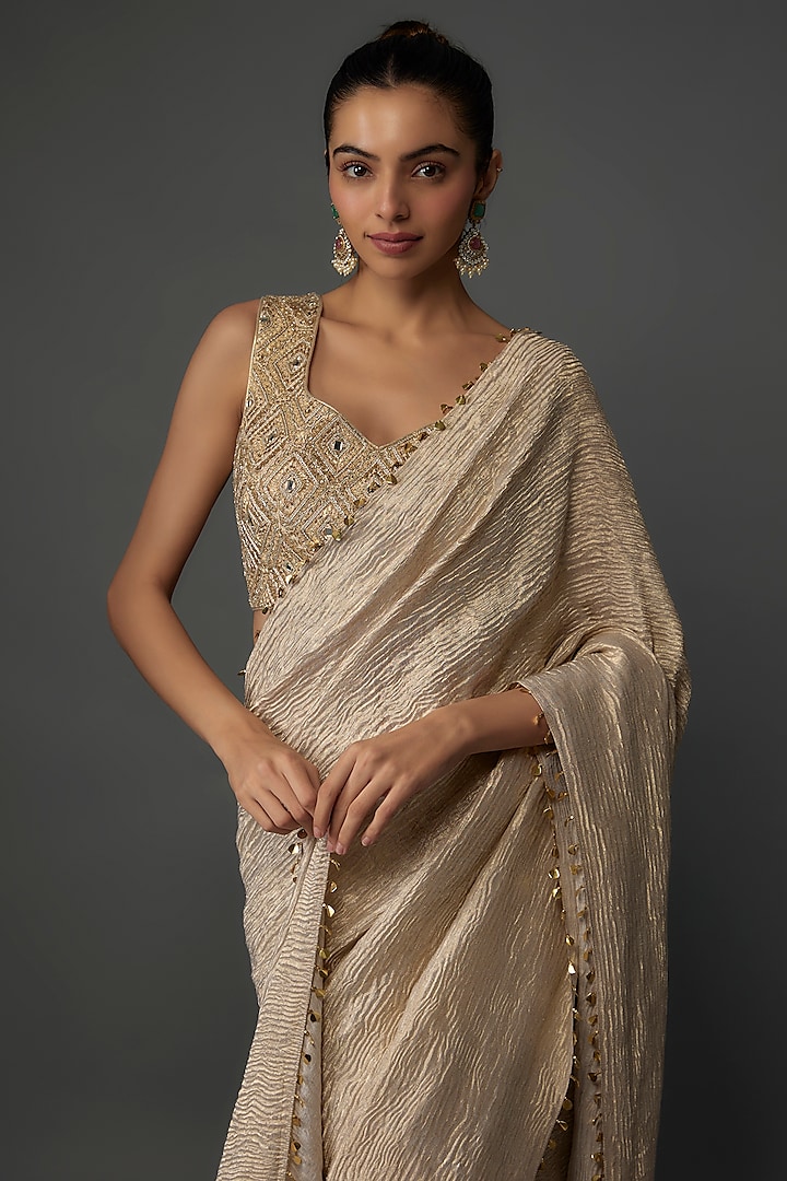 Gold Tissue Pre-Stitched Reception Saree Set by Payal Singhal at Pernia's Pop Up Shop