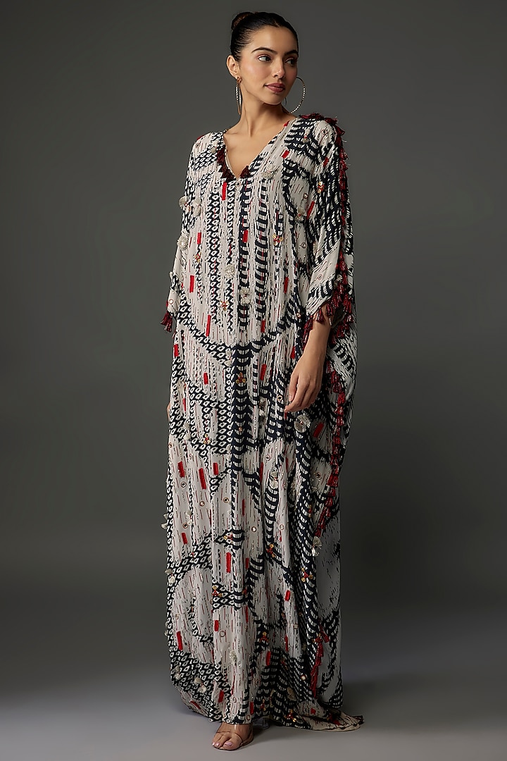 Black & White Crepe Printed & Embroidered Kaftan by Payal Singhal at Pernia's Pop Up Shop