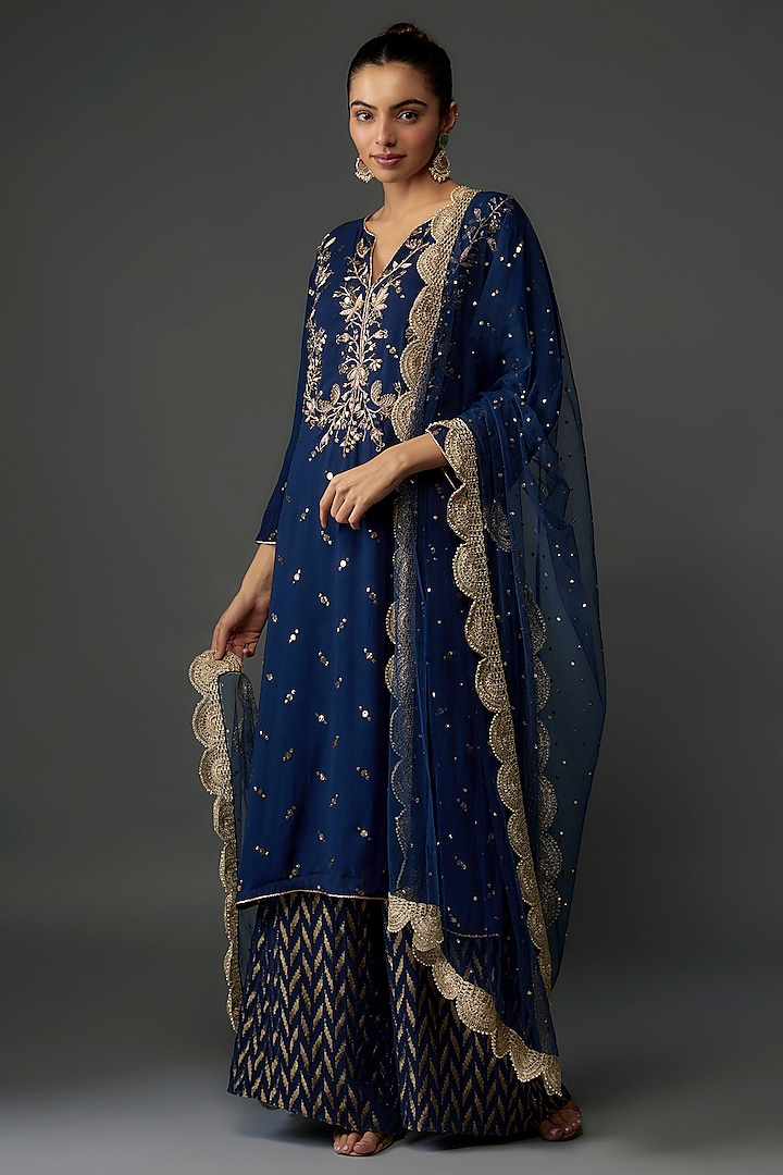 Navy Blue Georgette Embroidered Kurta Set by Payal Singhal at Pernia's Pop Up Shop