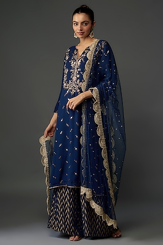 Navy Blue Georgette Embroidered Kurta Set by Payal Singhal