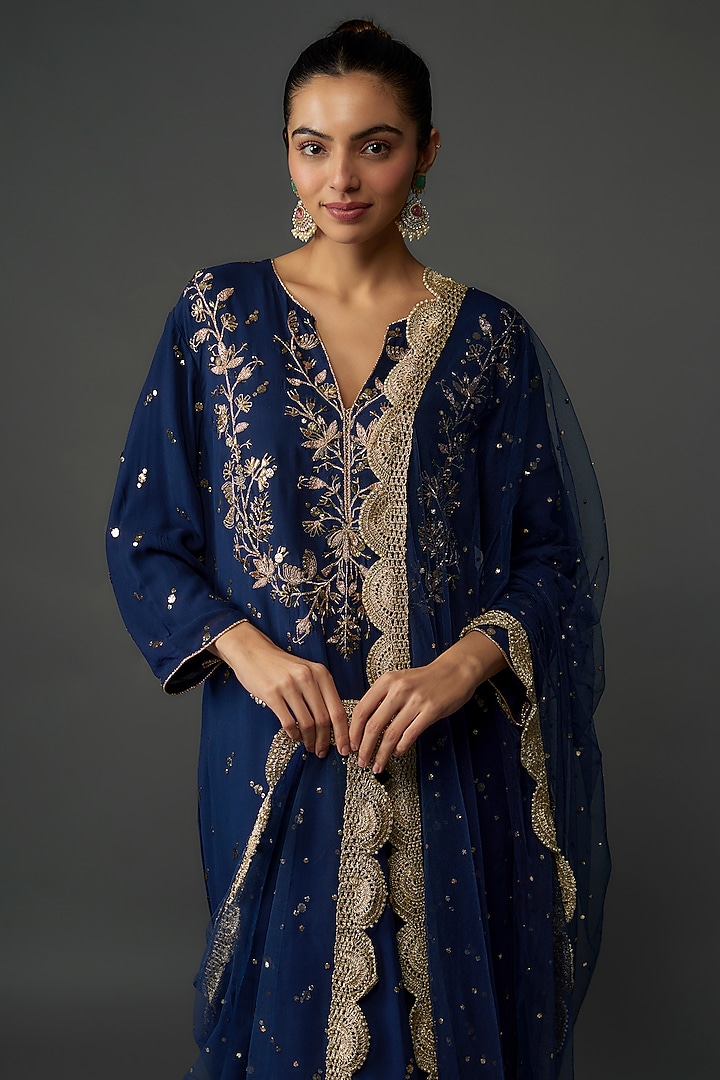 Navy Blue Georgette Embroidered Kurta Set by Payal Singhal at Pernia's Pop Up Shop