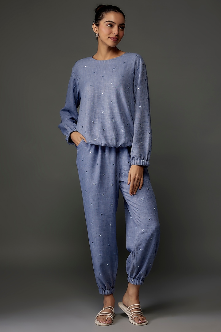 Bluish Grey Linen Embroidered Co-Ord Set by PS Pret by Payal Singhal