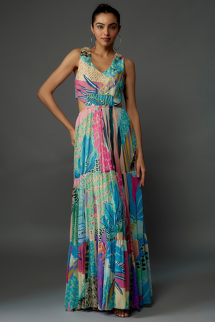 Aqua Georgette Printed & Embroidered Maxi Dress by Payal Singhal