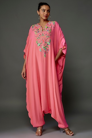 Coral Crepe Embroidered Jumpsuit by Payal Singhal