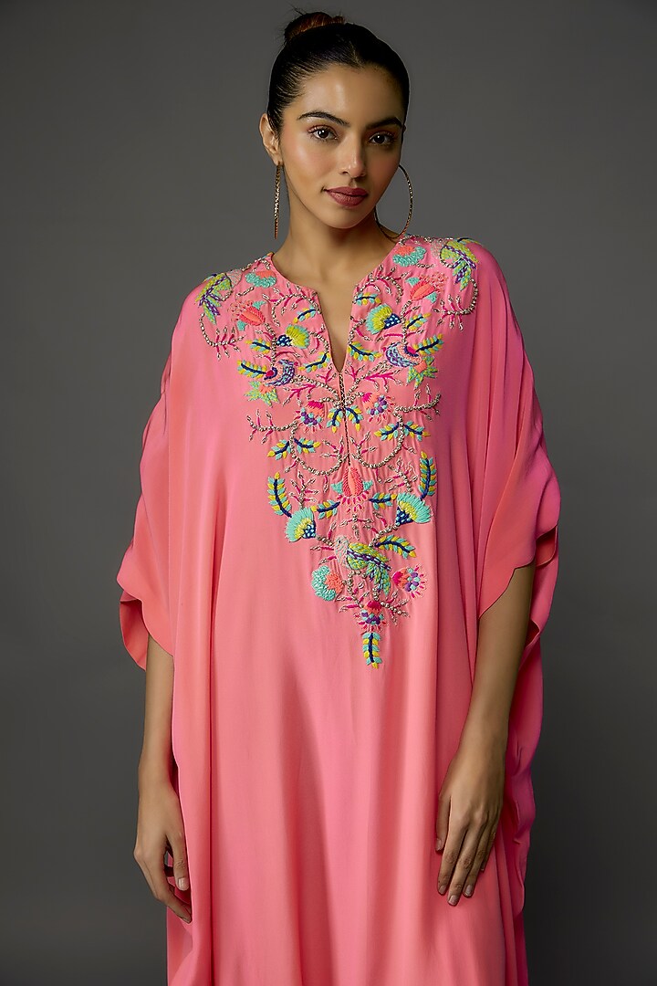 Coral Crepe Embroidered Jumpsuit by Payal Singhal at Pernia's Pop Up Shop
