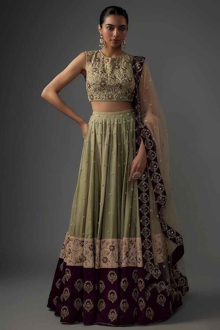 Mint Silk Mul Floral Embroidered Bridal Lehenga Set by Payal Singhal at Pernia's Pop Up Shop